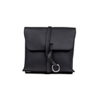 Leather Organizer Bag in Black, straight-on front view with flap closure and strap looped through a metal ring