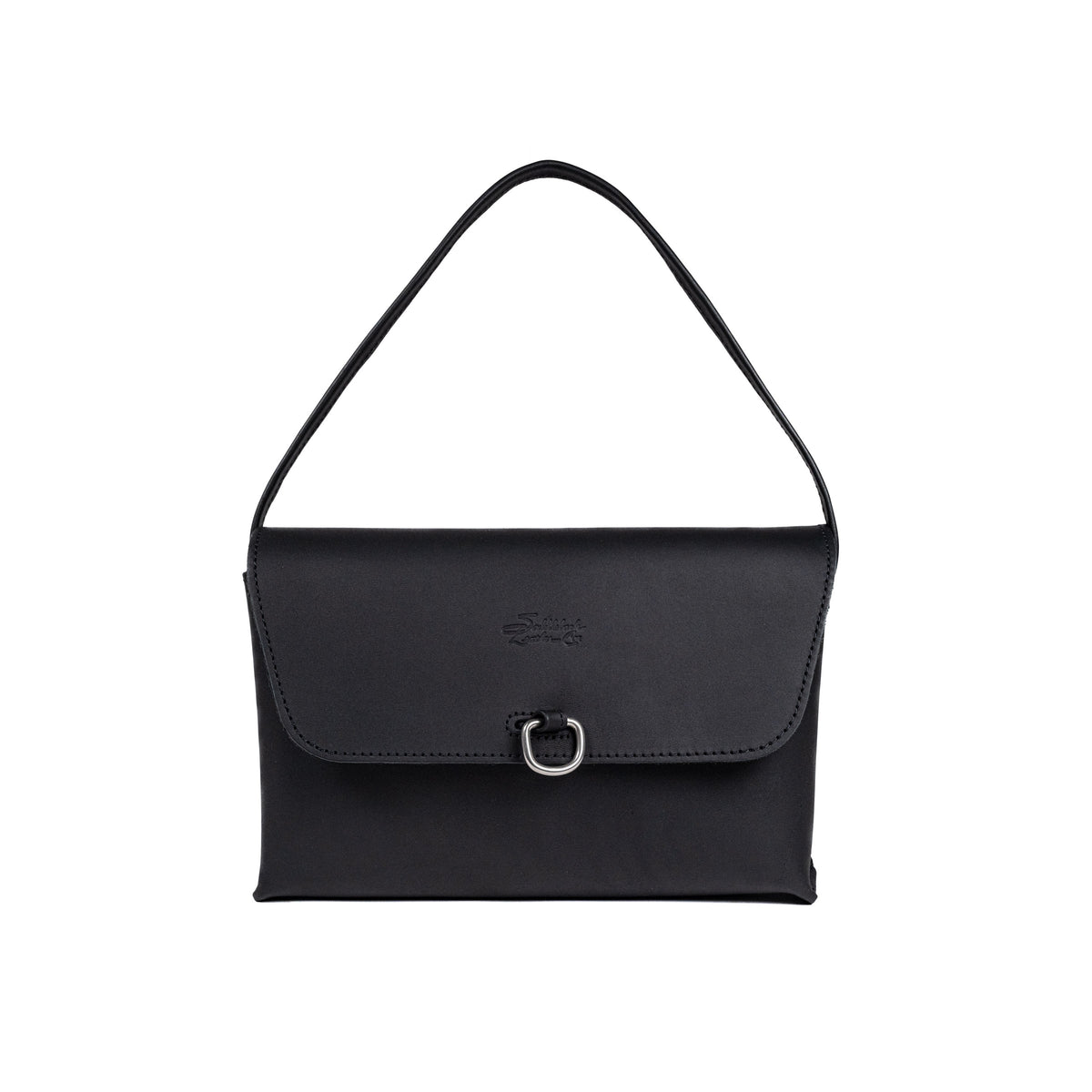 Large Leather Organizer Bag in Black, tie looped up as a carry handle, metal ring on the closed flap