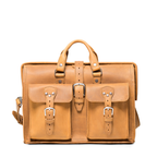 Barrister's Briefcase in Tobacco, front view with top handles, center buckle strap and two buckled front pockets