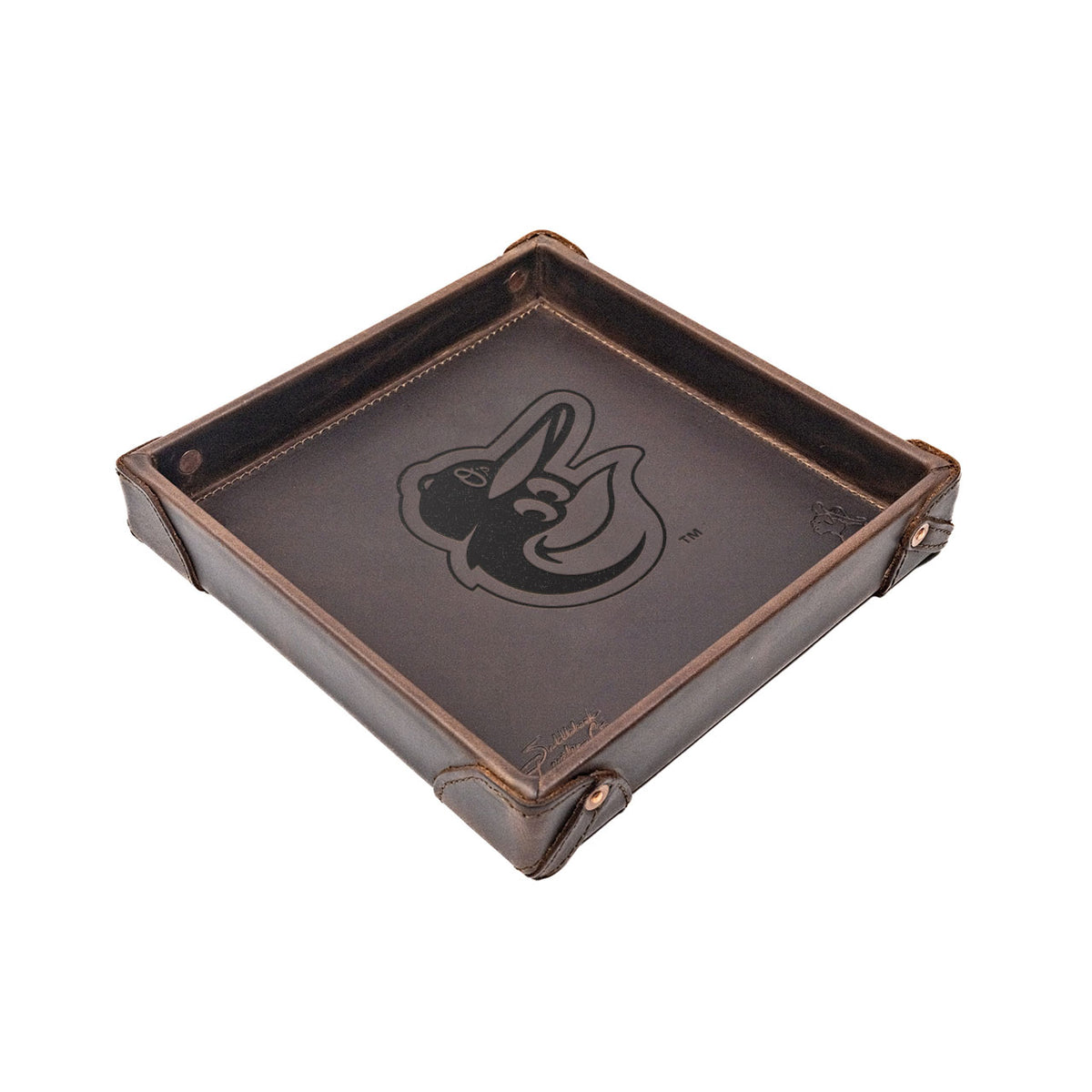 Baltimore Orioles Leather Valet Tray in Dark Coffee Brown with riveted corners and embossed oriole bird logo