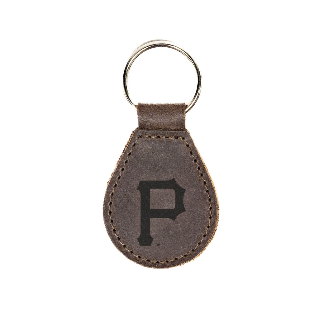 Pittsburgh Pirates Leather Keychain in Dark Coffee Brown with P logo and silver key ring, front view