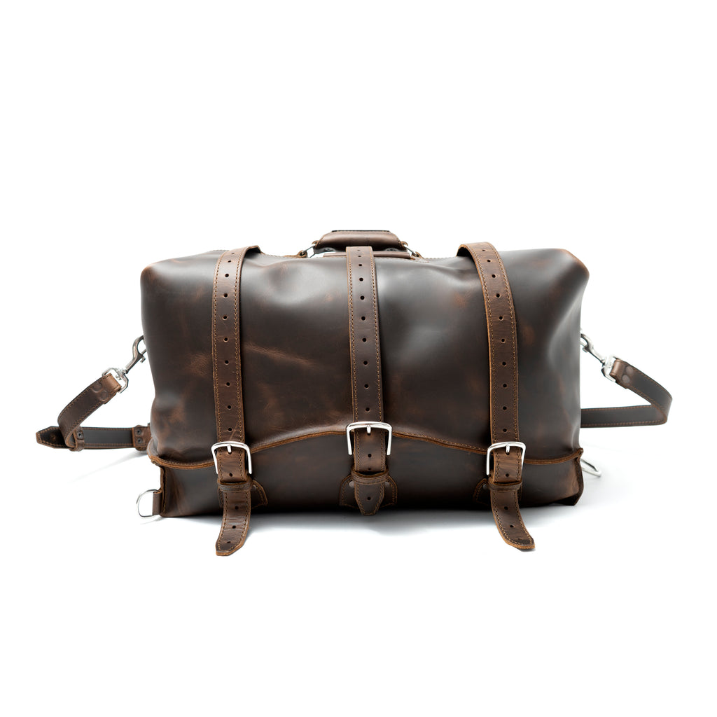 20" Waterbag in Dark Coffee Brown, front view with three buckle straps and top handle