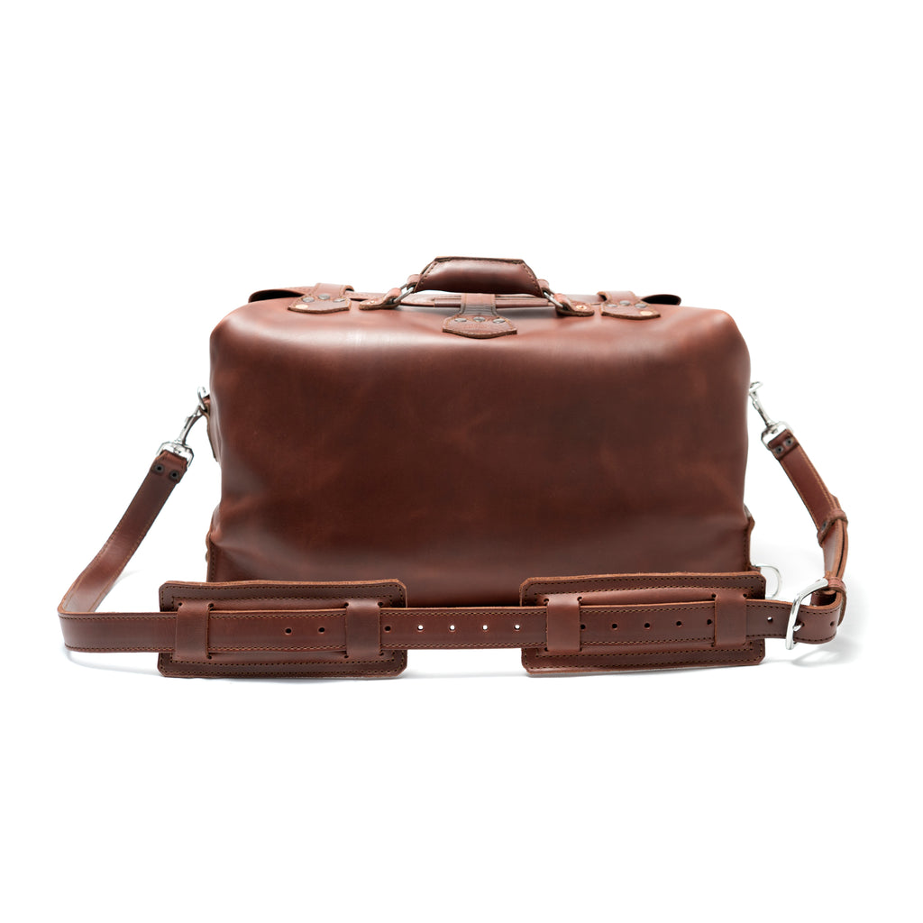20" Waterbag in Chestnut, back view with padded adjustable shoulder strap