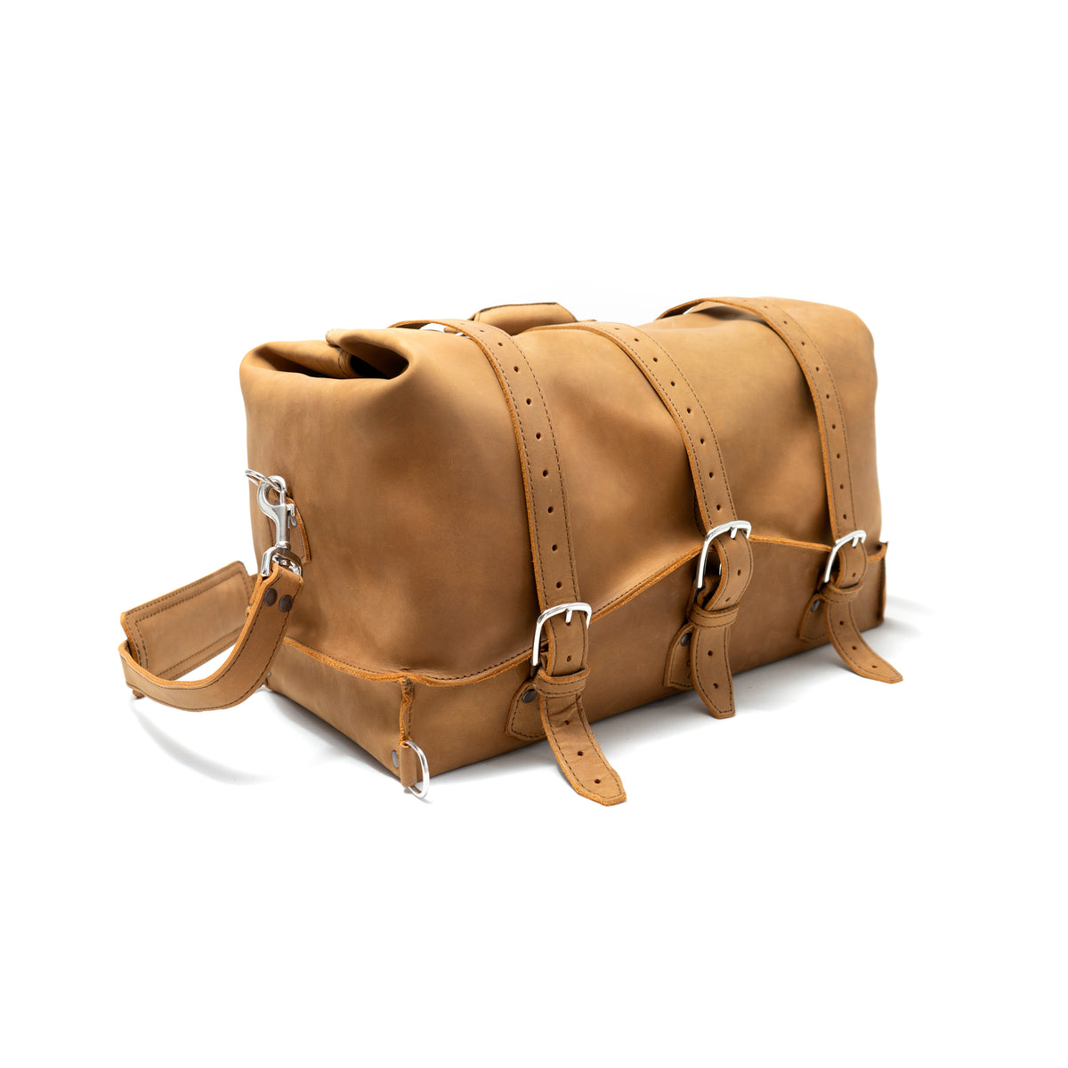 20" Waterbag in Tan, angled side view with buckle straps and shoulder strap