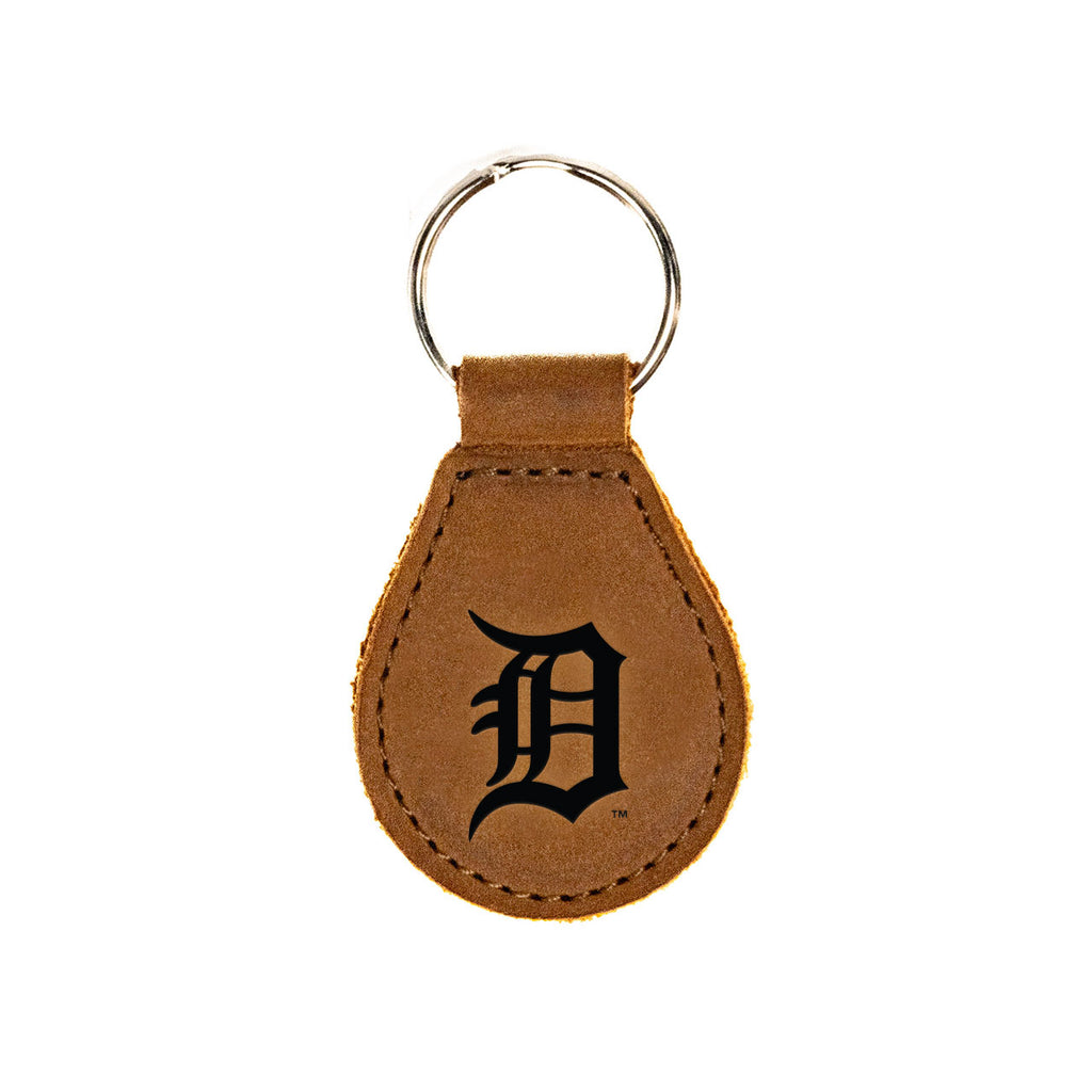 Detroit Tigers Leather Keychain in Tobacco with Old English D logo and silver key ring, front view
