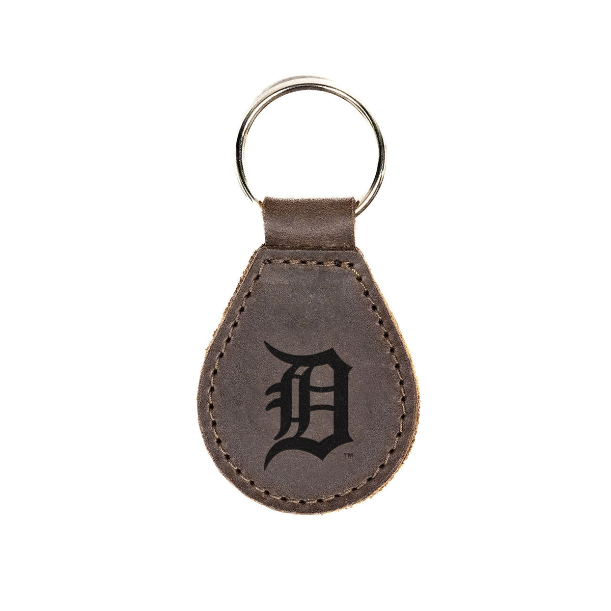 Detroit Tigers Leather Keychain in Dark Coffee Brown with Old English D logo and silver key ring, front view