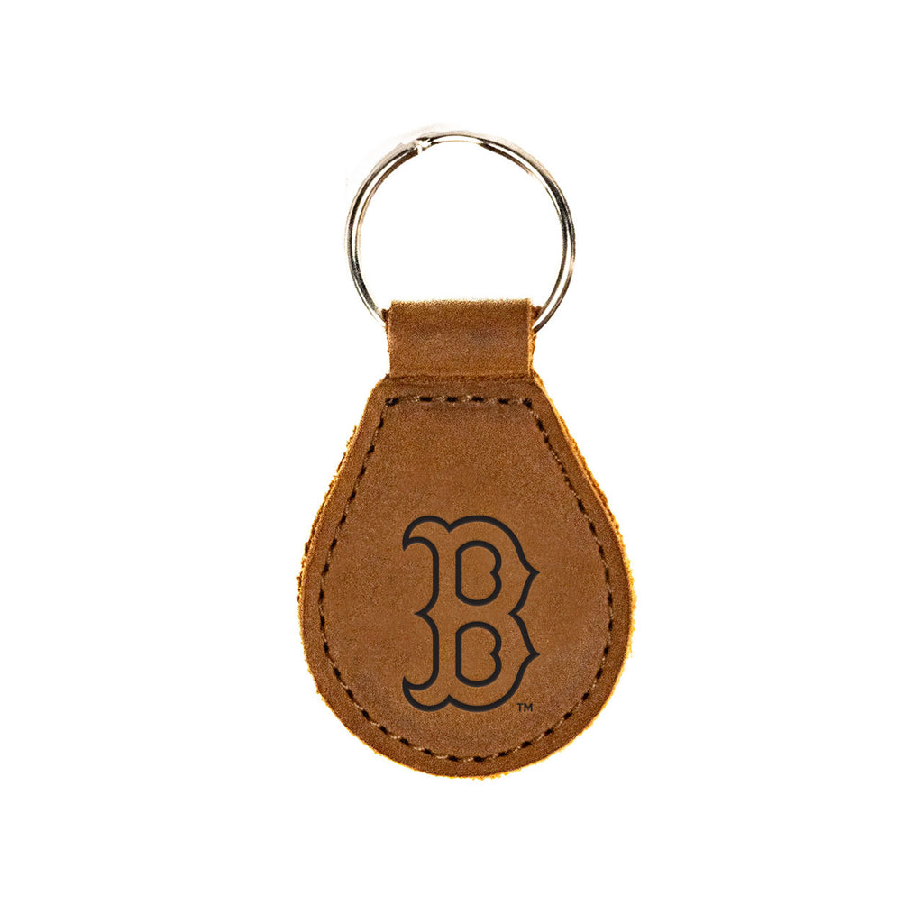 Boston Red Sox Leather Keychain in Tobacco with B logo and silver key ring, front view