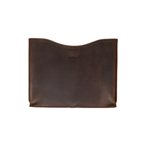14" Horizontal Laptop Sleeve in Dark Coffee Brown, front view with curved top opening and logo