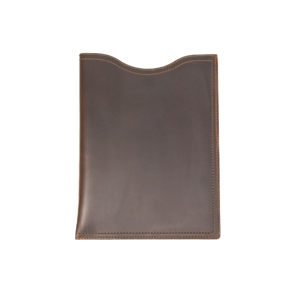 14" Vertical Laptop Sleeve in Dark Coffee Brown, back view with curved top opening and stitched edges