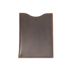 14" Vertical Laptop Sleeve in Dark Coffee Brown, back view with curved top opening and stitched edges