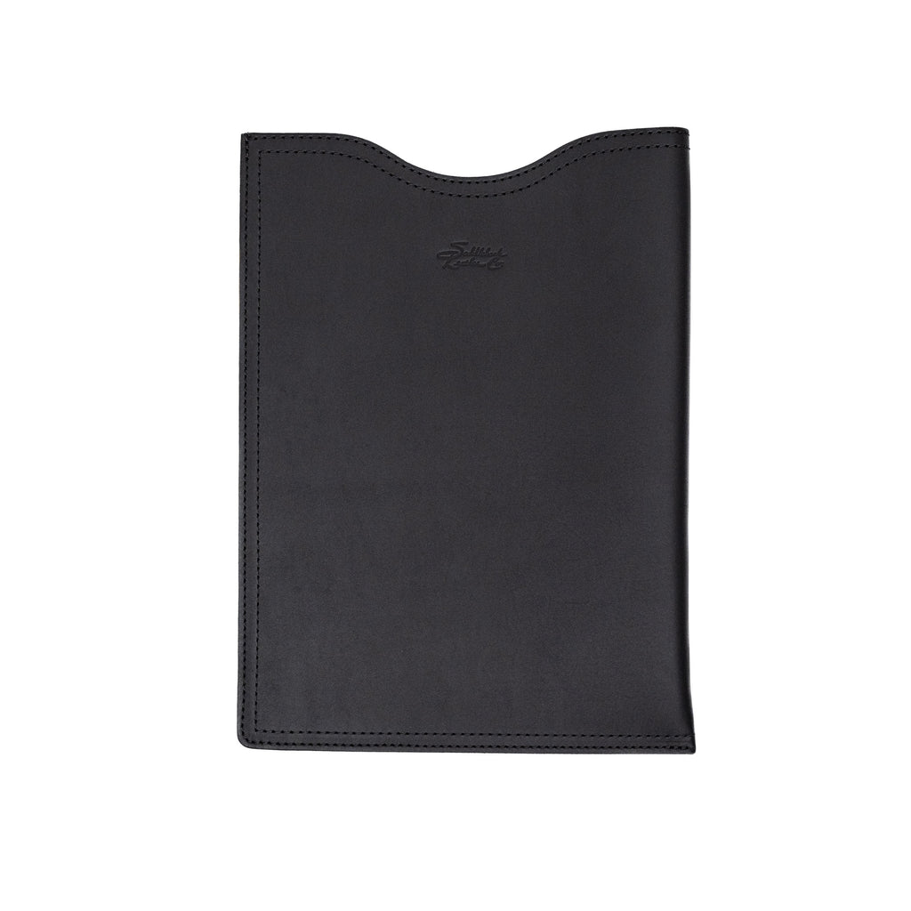 16" Vertical Laptop Sleeve in Black, front view with curved top opening and logo