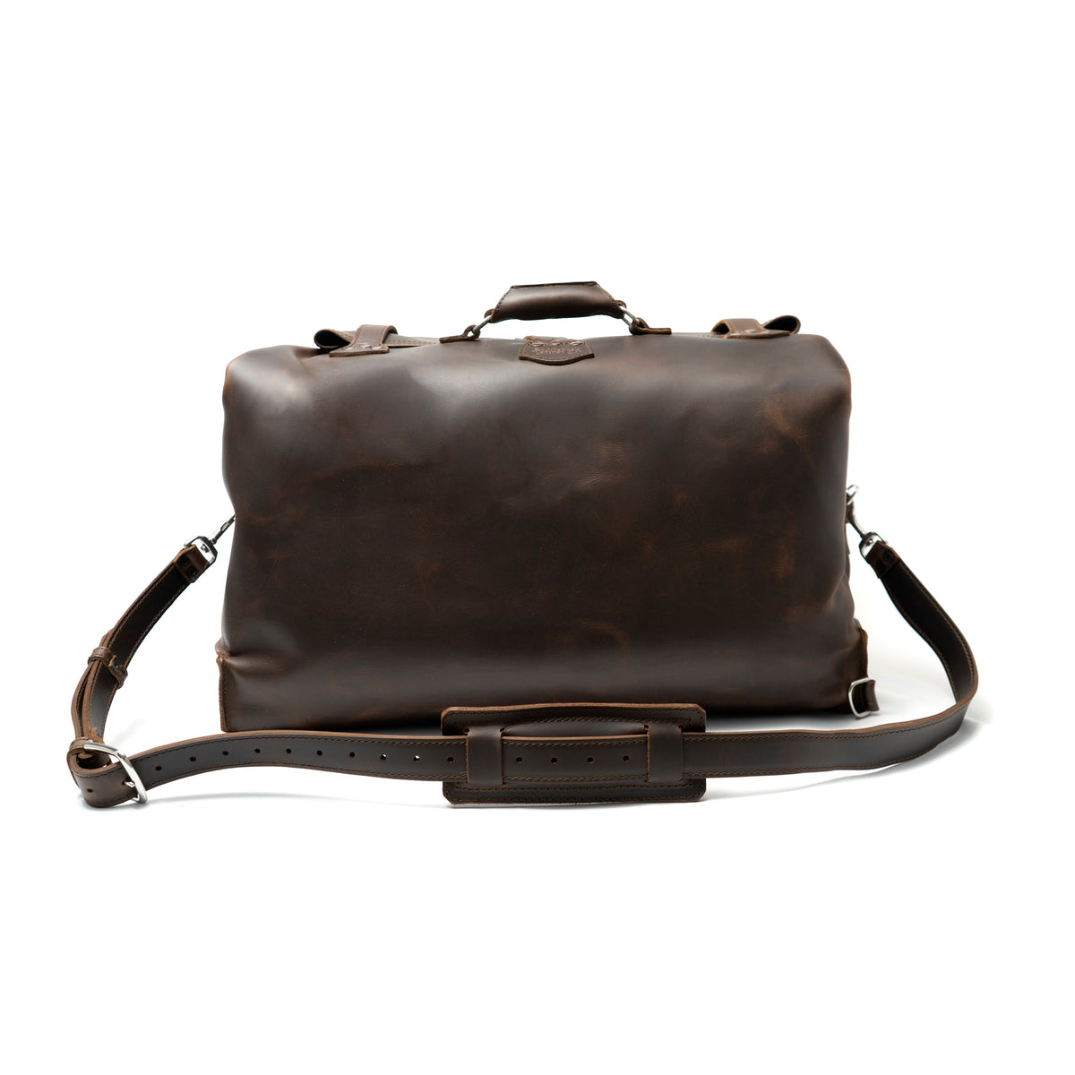 24" Waterbag in dark brown, back view with smooth panel, top handle and padded shoulder strap