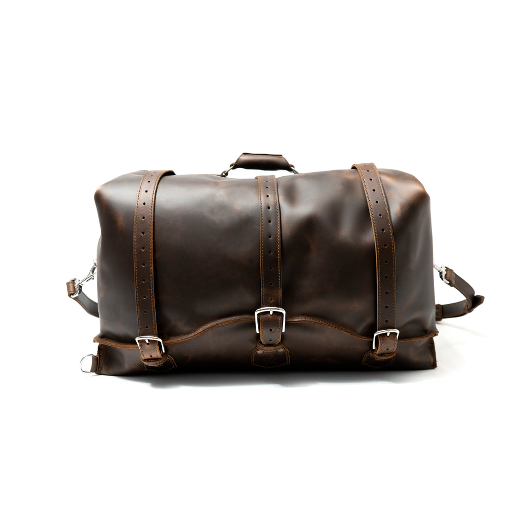 24" Waterbag in dark brown, front view with three buckle straps, top handle and shoulder strap