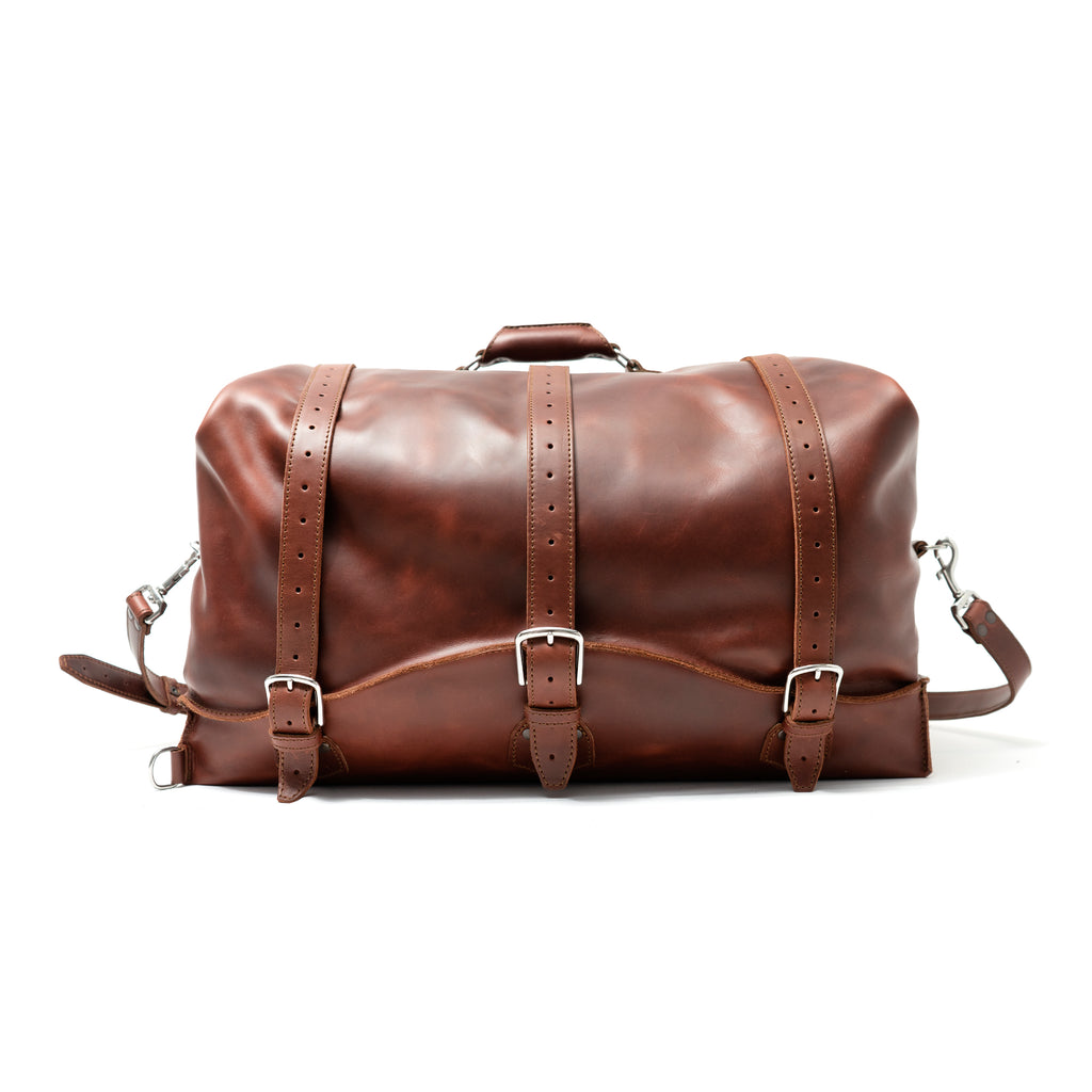 24" Waterbag in reddish brown, front view with three buckle straps, top handle and shoulder strap