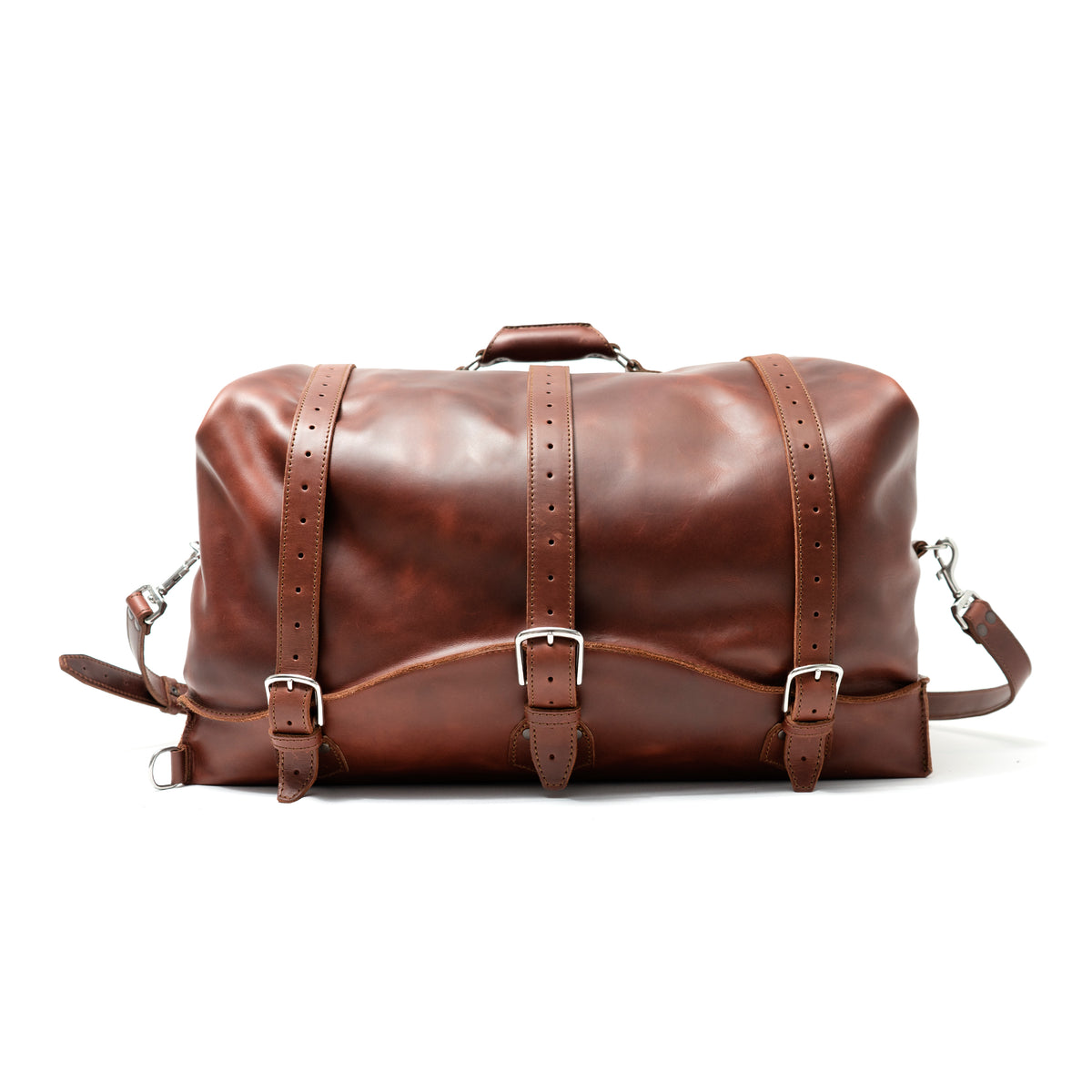 24" Waterbag in reddish brown, front view with three buckle straps, top handle and shoulder strap