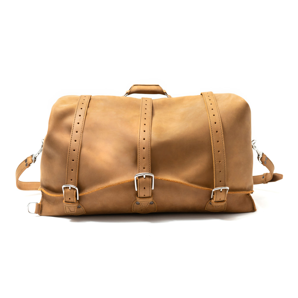 24" Waterbag in tan, front view with three buckle straps, top handle and shoulder strap