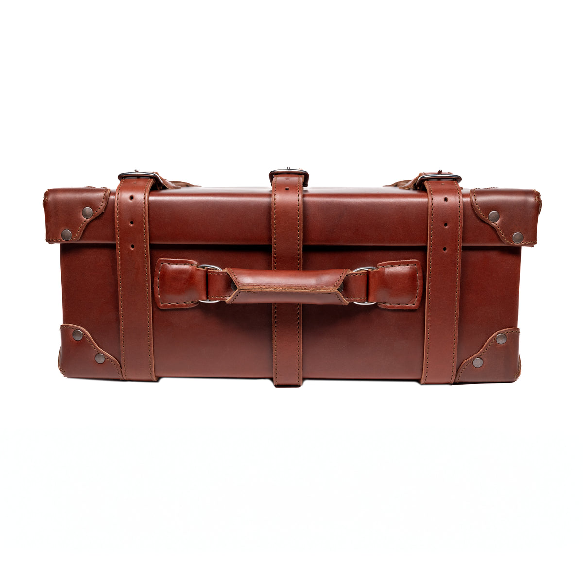 Grandfather Carry On in Chestnut, top view showing the leather carry handle and strap keepers