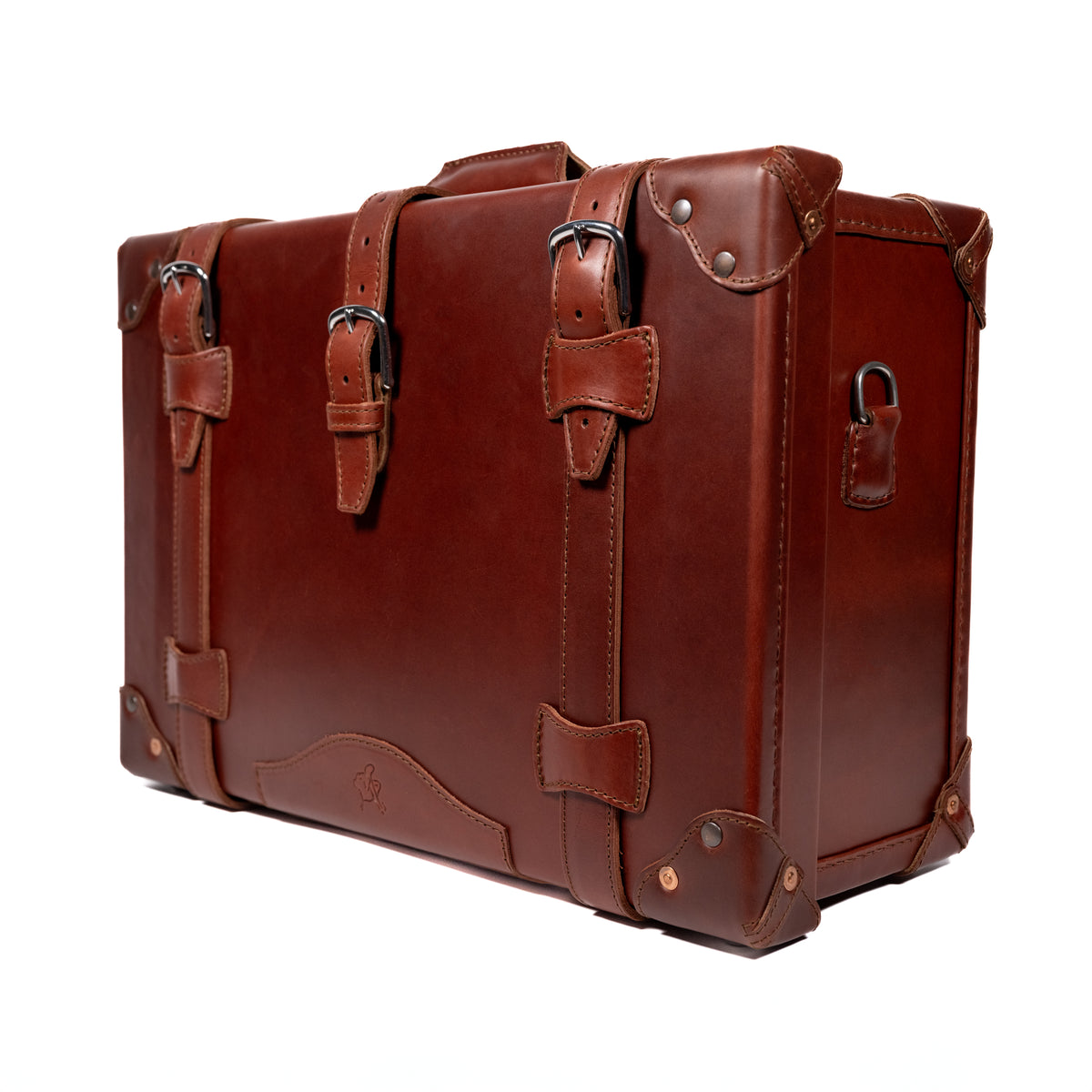 Grandfather Carry On in Chestnut, angled front view with buckle straps and side strap ring