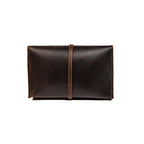 Large Leather Organizer Bag in Dark Coffee Brown, back view with leather tie wrapped around