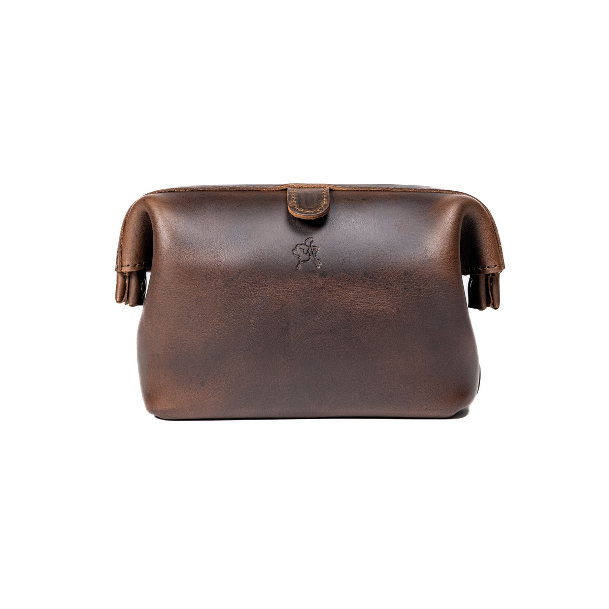 Big Mouth Organizer in Dark Coffee Brown, wide-mouth leather bag with snap tab and embossed logo, back view