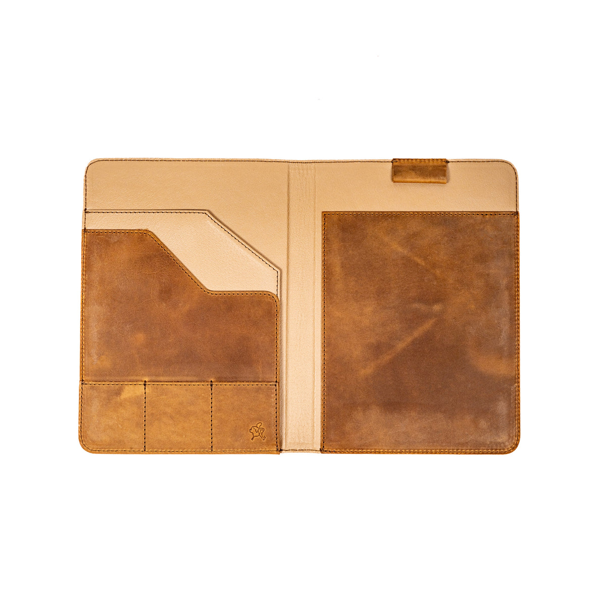 Leather Portfolio - San Francisco Giants in Tobacco, open and empty showing interior pockets and card slots
