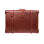 Grandfather Suitcase in Chestnut, back view with top handle, leather straps and riveted corners