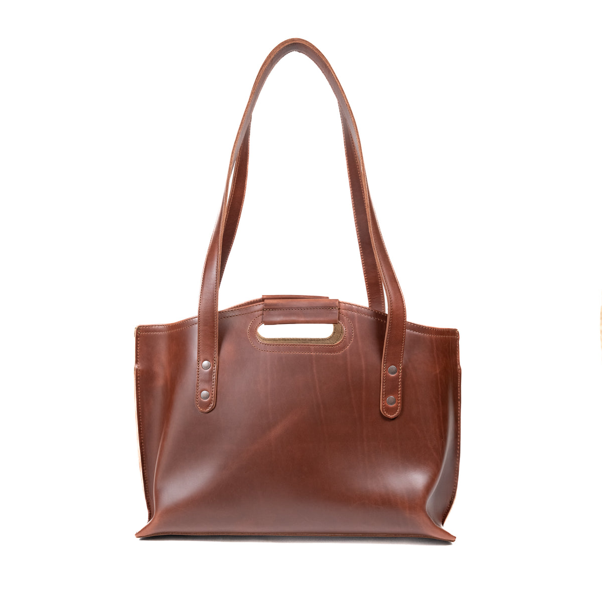 Urban Leather Tote in Chestnut, back view with shoulder handles and cutout grip