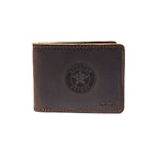 Leather Bifold Wallet in Dark Coffee Brown with embossed Houston Astros star logo, closed front view