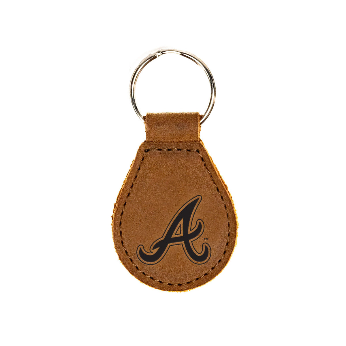 Atlanta Braves Leather Keychain in Tobacco with script A logo and silver key ring, front view