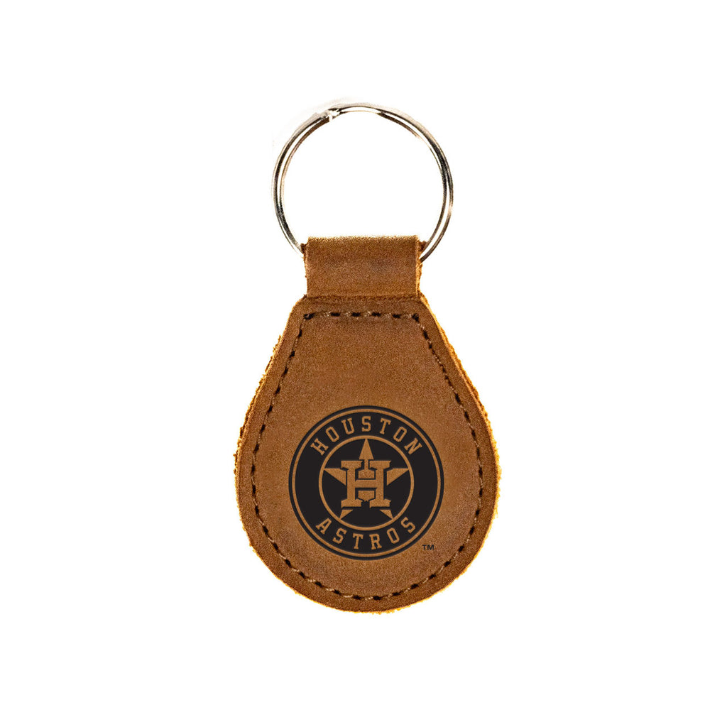 Houston Astros Leather Keychain in Tobacco with star logo and silver key ring, front view