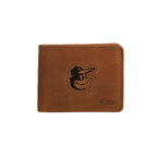 Leather Bifold Wallet in Tobacco with embossed Baltimore Orioles bird logo, closed front view
