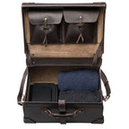 Grandfather Overnight Case in Dark Coffee Brown, open showing lid pockets and packed folded sweaters
