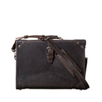 Grandfather Overnight Case in Dark Coffee Brown, front view with buckled strap and shoulder strap attached