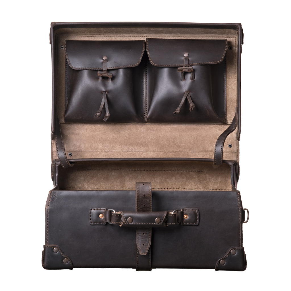 Grandfather Overnight Case in Dark Coffee Brown, front view with lid open showing two toggle-close lid pockets