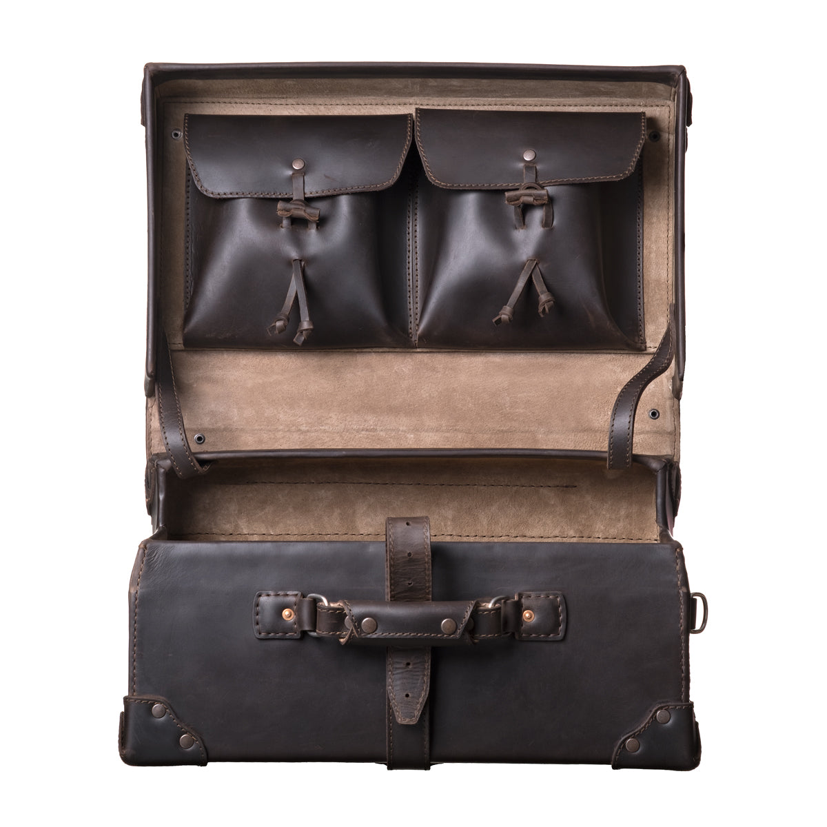 Grandfather Overnight Case in Dark Coffee Brown, front view with lid open showing two toggle-close lid pockets
