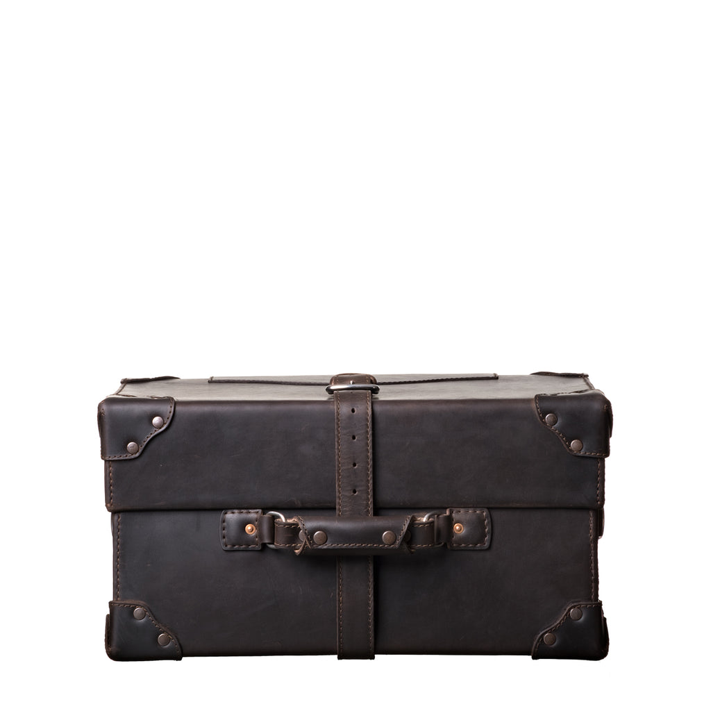 Grandfather Overnight Case in Dark Coffee Brown, side view with side carry handle, strap and metal corner caps