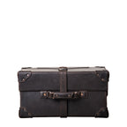 Grandfather Overnight Case in Dark Coffee Brown, side view with side carry handle, strap and metal corner caps