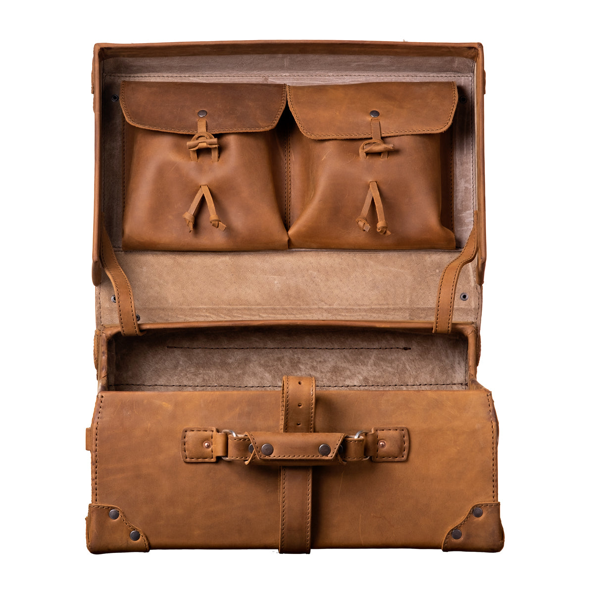 Grandfather Overnight Case in Tobacco, front view with lid open showing two toggle-close lid pockets