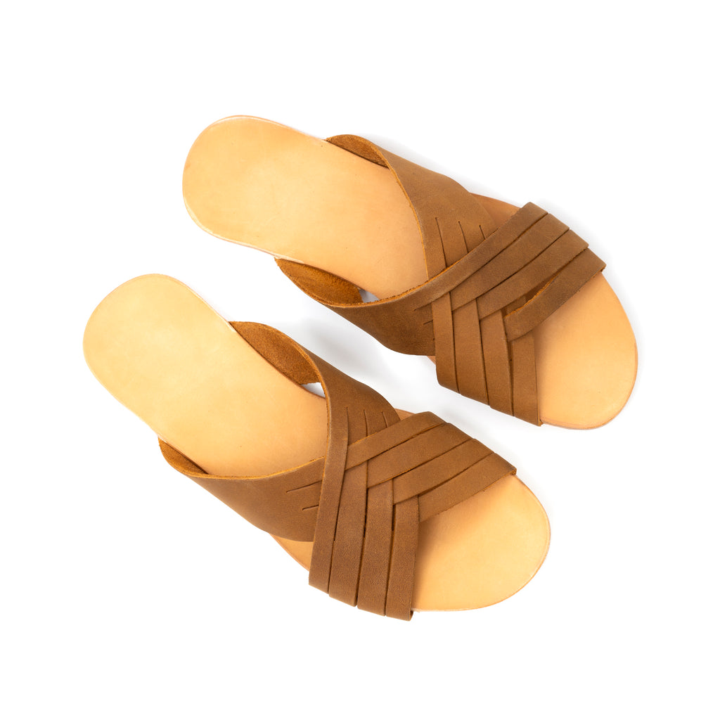 Martha Sandals in Tobacco, top-down view of pair with crisscross woven leather straps