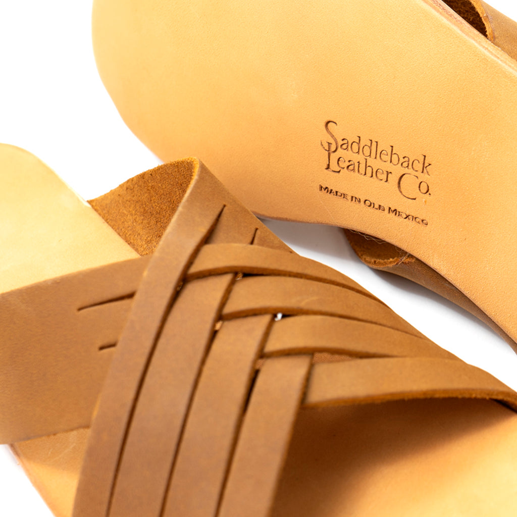 Martha Sandals in Tobacco, close-up of woven straps and stamped logo on the sole