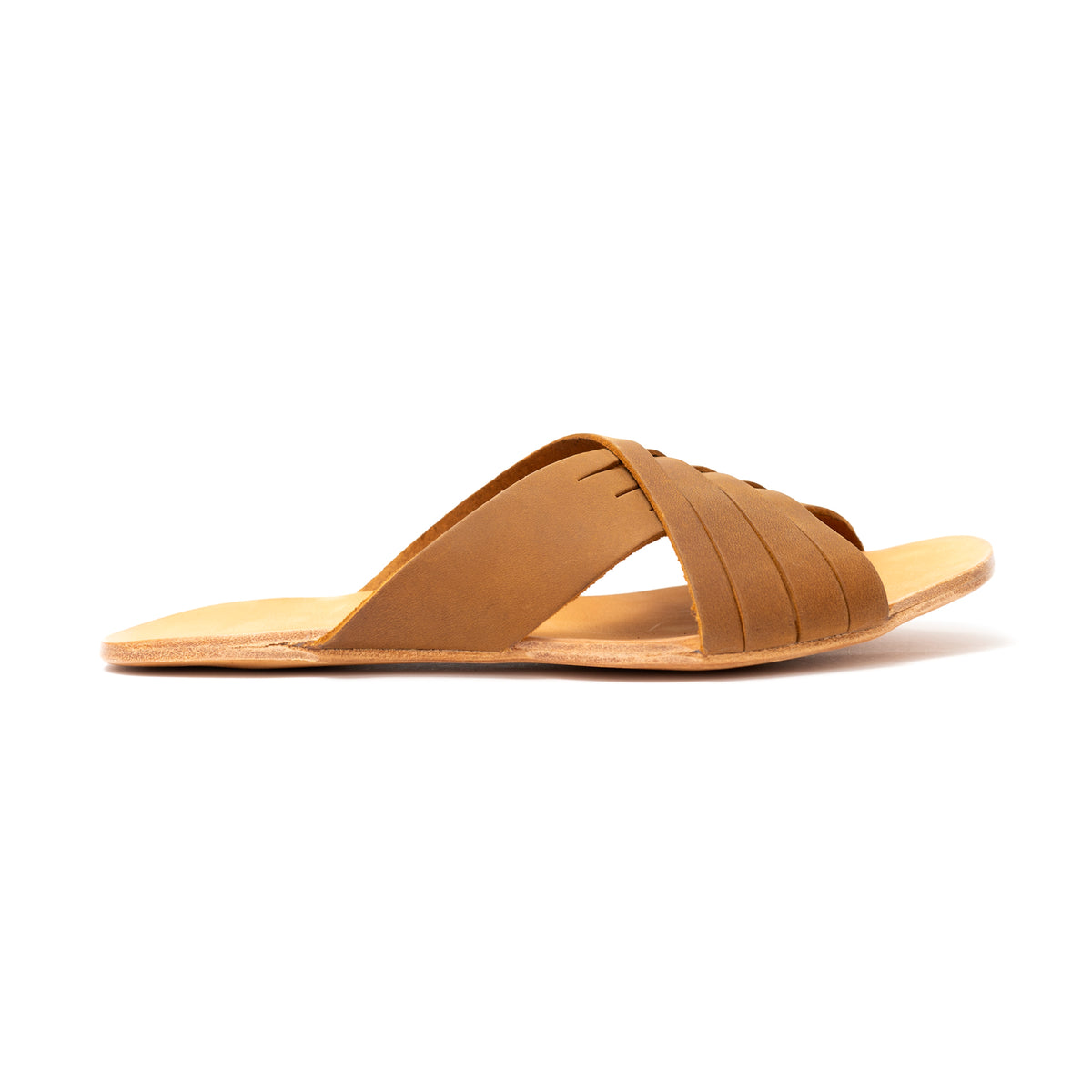 Martha Sandals in Tobacco, outer side profile of a single sandal with flat sole