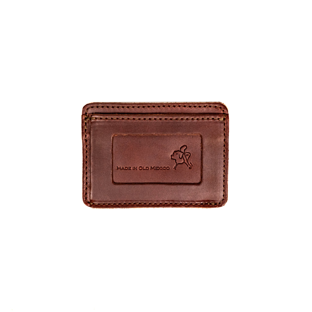 Front Pocket Leather ID Wallet in Chestnut, back view with stamped Made in Old Mexico panel and emblem