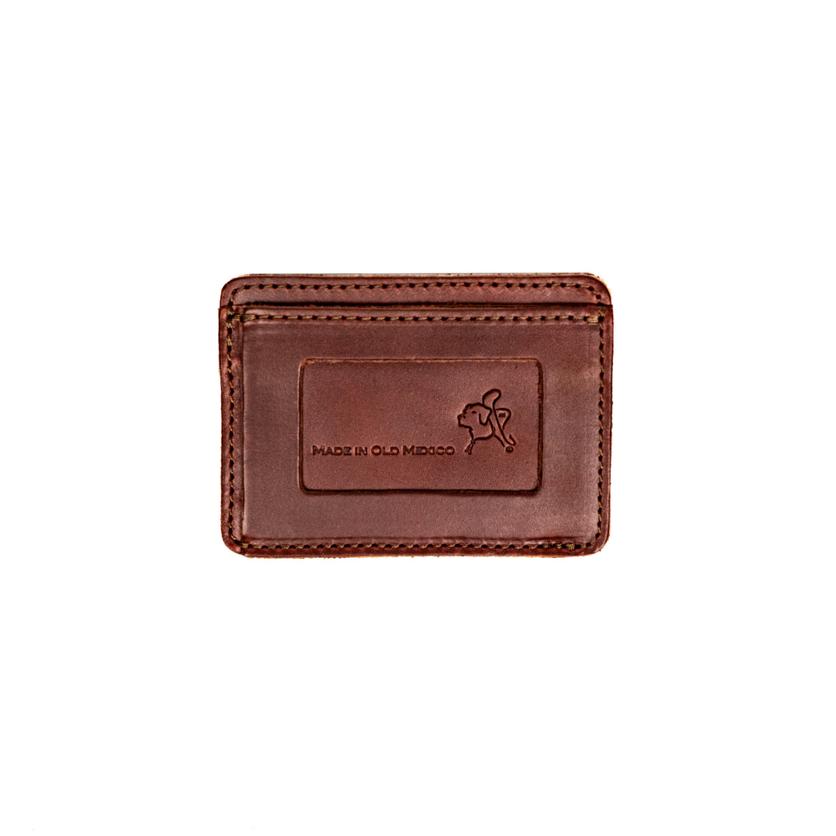 Front Pocket Leather ID Wallet in Chestnut, back view with stamped Made in Old Mexico panel and emblem