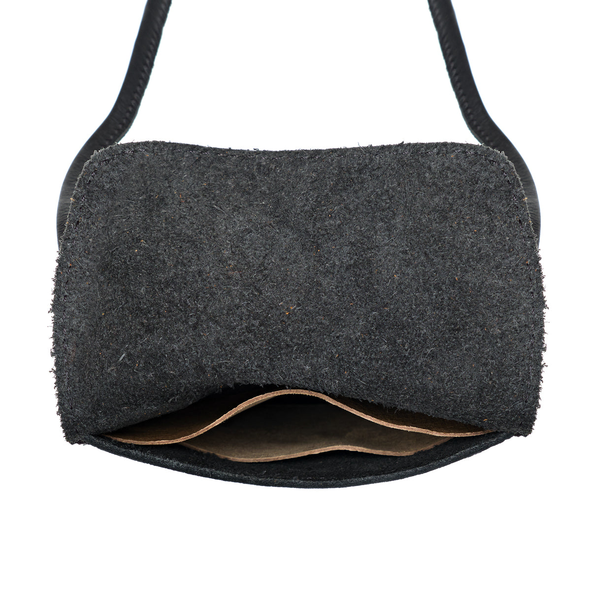 Walker's Pouch in black, close-up of the flap's suede underside and the open top of the pouch