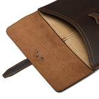 14" Document Holder in Dark Coffee Brown, close-up of open flap showing interior pocket and riveted tab