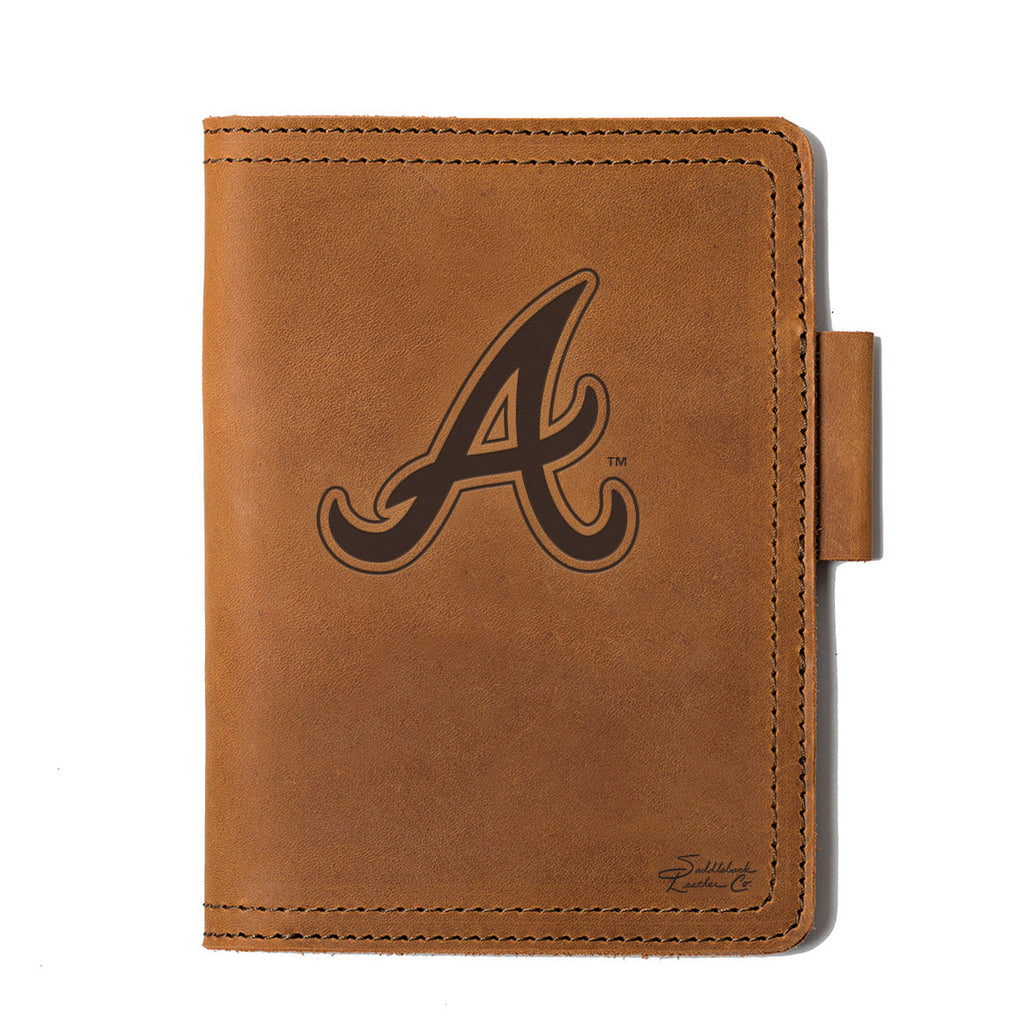 Leather Journal Cover - Atlanta Braves in Tobacco, front cover with embossed Braves A logo and pen loop