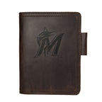 Leather Journal Cover - Miami Marlins in Dark Coffee Brown, front cover with embossed Marlins M logo and pen loop