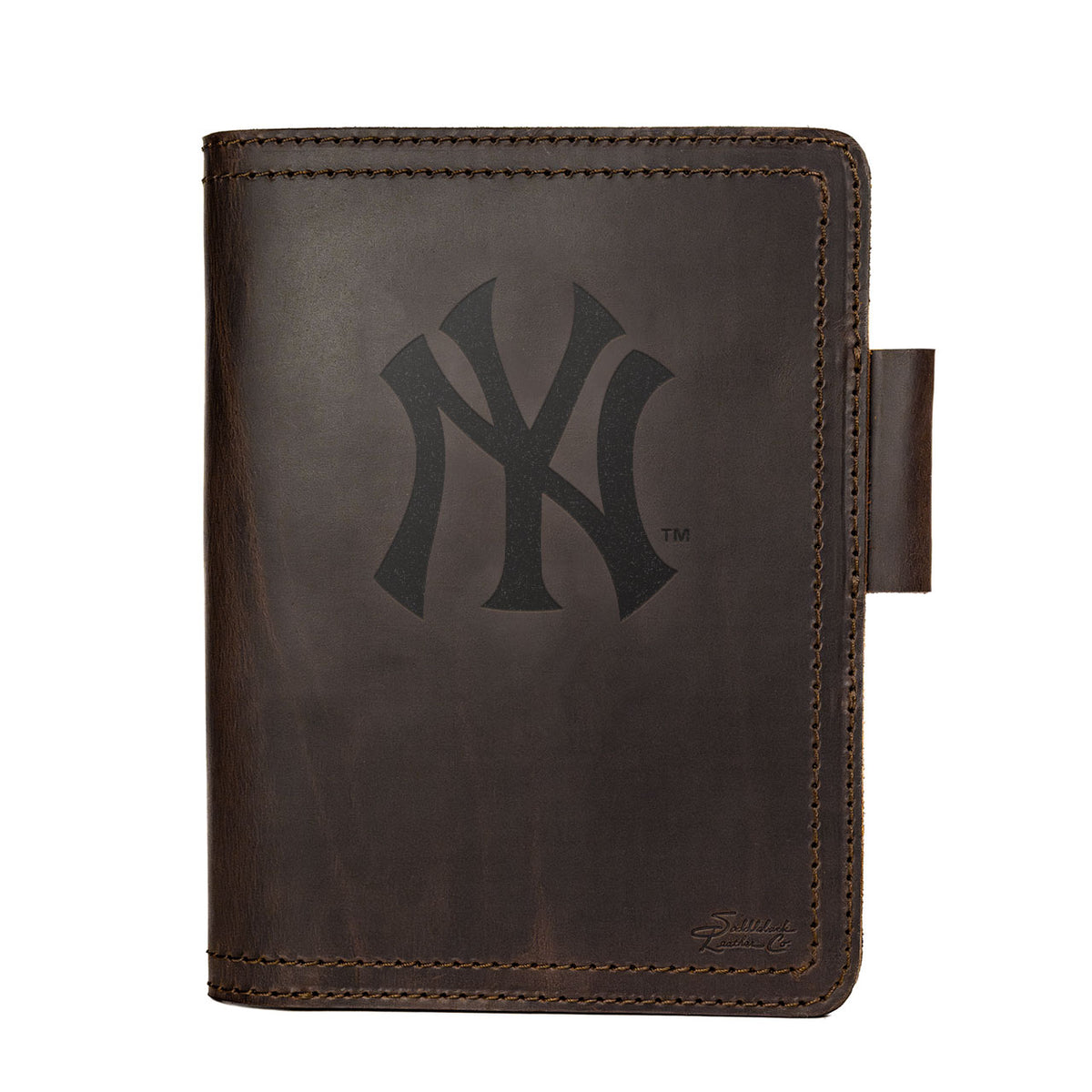 Leather Journal Cover - New York Yankees in Dark Coffee Brown, front cover with embossed Yankees NY logo and pen loop