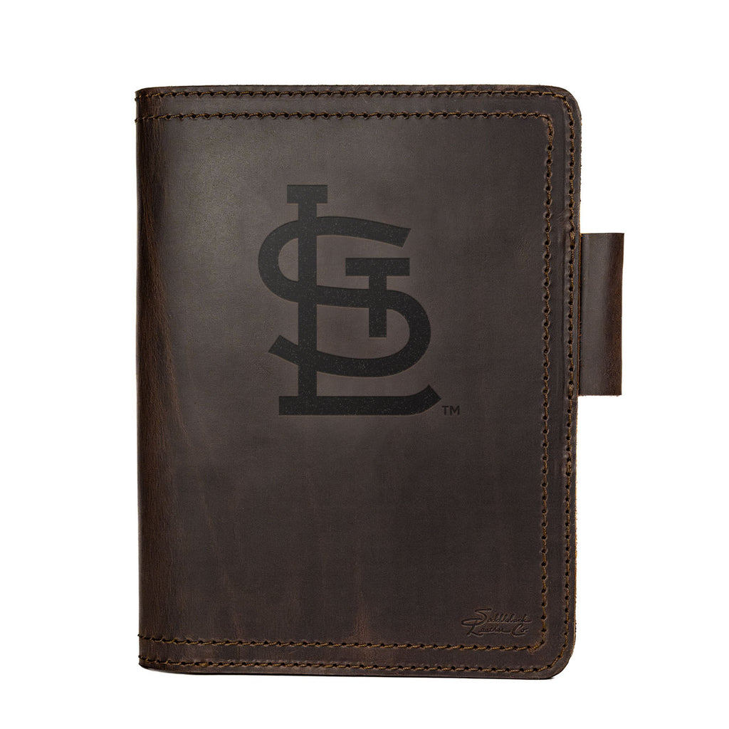 Leather Journal Cover - St. Louis Cardinals in Dark Coffee Brown, front cover with embossed Cardinals STL logo and pen loop