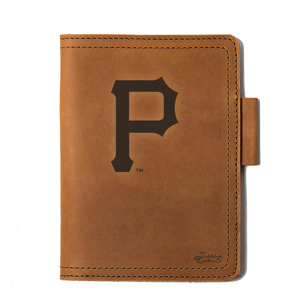 Leather Journal Cover - Pittsburgh Pirates in Tobacco, front cover with embossed Pirates P logo and pen loop